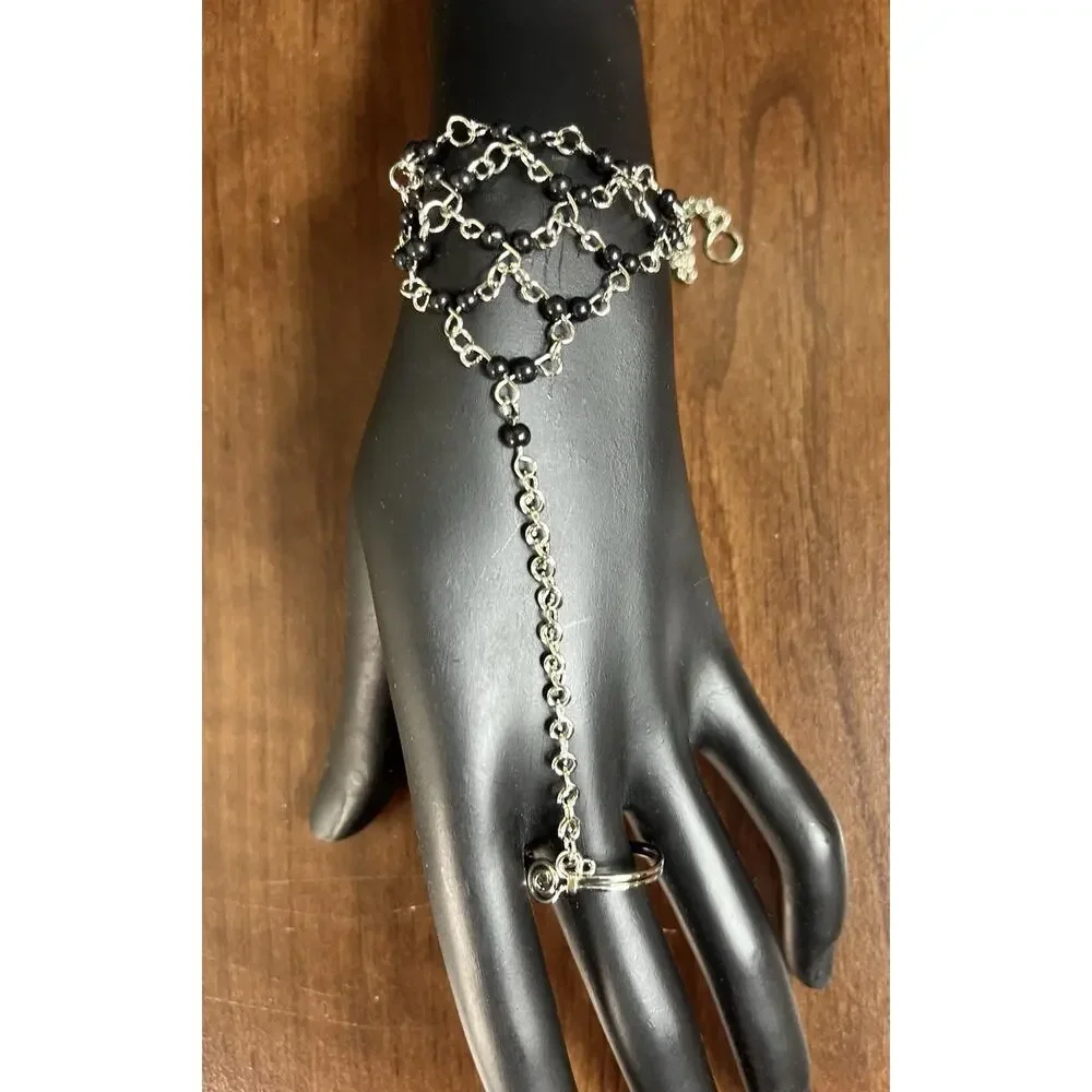 Black Beads and Alpaca Silver Slave Bracelet From Perú